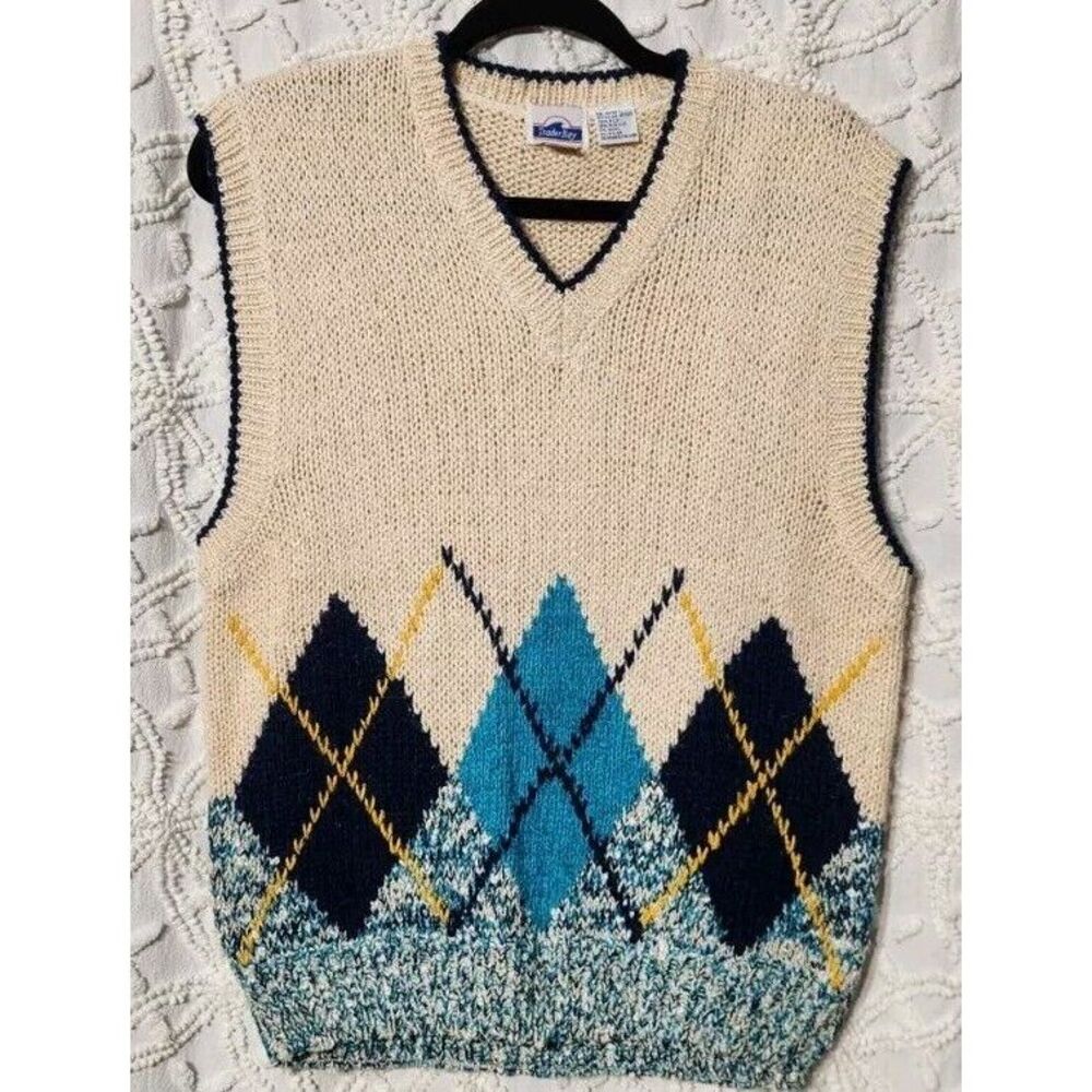Vtg Trader Bay Vest Mens M Argyle Tight Knit Thick Silk‎ Wool Academia Schoolboy